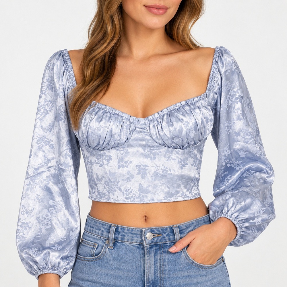 LA Hearts PacSun Blue Floral Butterfly Satin Ruched Crop Top Long Sleeve Womens